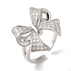 Bowknot Brass Micro Pave Clear Cubic Zirconia Open Cuff Rings for Women RJEW-C098-11P-1