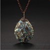 Double Sided Natural Paua Shell Copper Wire Wrapped Tree of Life Teardrop Pendant Necklaces FS-WG9357B-01-2