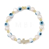 Evil Eye Lampwork and Natural Cultured Freshwater Pearl Beaded Stretch Bracelets BJEW-JB14283-01-3