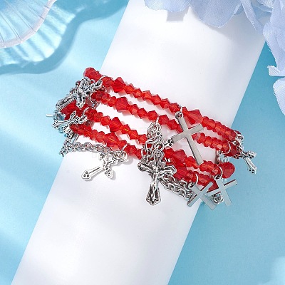 Red Glass Multi-Strand Beaded Bracelets BJEW-JB10709-1