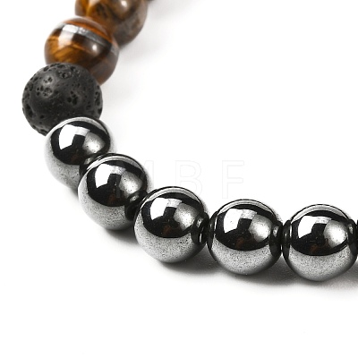 Natural Tiger Eye & Lava Rock & Synthetic Hematitie Beads Stretch Bracelet Set BJEW-JB07030-1