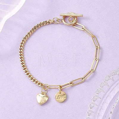 Brass Flat Round with Word Love & Heart Charms Bracelets BJEW-JB13482-1