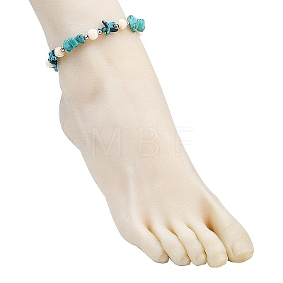 Dyed Synthetic Turquoise Starfish & Chip Beaded Anklets with 304 Stainless Steel End Chains AJEW-AN00733-02-1