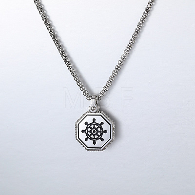 304 Stainless Steel Octagon with Black Helm Pendant Necklaces for Unisex WGEAFBF-01-1