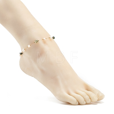 Natural Moss Agate & Pearl Beaded Anklet AJEW-AN00500-01-1