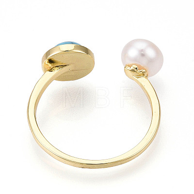 Turquoise & Natural Pearl Open Cuff Rings for Women PEAR-N020-07H-1