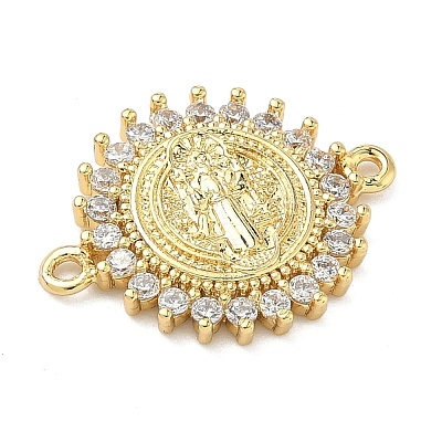 Brass Pave Clear Cubic Zirconia Religion Flat Round with Saint Links Connector Charms KK-A282-07B-G-1