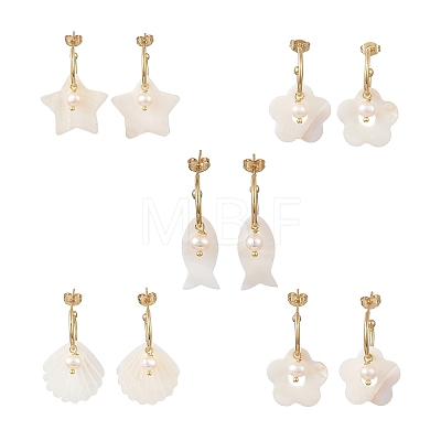 304 Stainless Steel & Natural Freshwater Shell Stud Dangle Earrings EJEW-JE07496-1