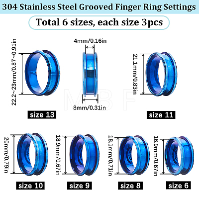 SUNNYCLUE 18Pcs 6 Size 304 Stainless Steel Grooved Finger Ring Settings RJEW-SC0001-05BL-1