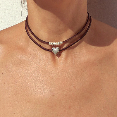 Boho Alloy Heart Pendant Imitation Leather Cord Double Layer Choker Necklaces for Women WG0C262-01-1