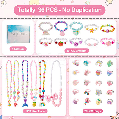 Flower & Shell & Watermelon & Rabbit Plastic Cuff & Adjustable Ring & Pendant Necklace & Stretch Bracelets SJEW-TA0001-02-1