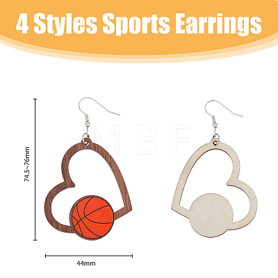 FIBLOOM 4 Pairs 4 Styles Sport Theme Wood Heart Dangle Earrings for Women EJEW-FI0001-55-1