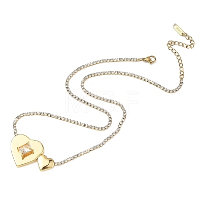 304 Stainless Steel Clear Glass Heart Pendant Rhinestone Tennis Necklaces for Women NJEW-A074-01G-1