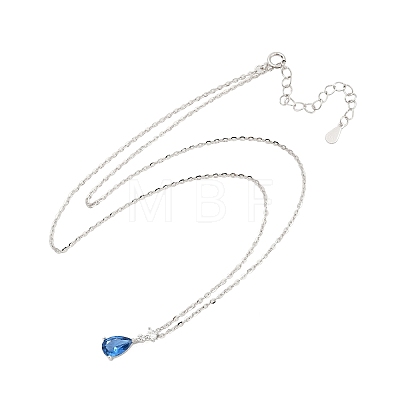 925 Sterling Silver Sapphire Rhinestone Teardrop Pendant Necklace for Women NJEW-V013-01P-1
