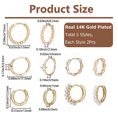 10Pcs 5 Styles Rack Plating Brass Beaded Huggie Hoop Earrings for Women KK-SC0008-04-1