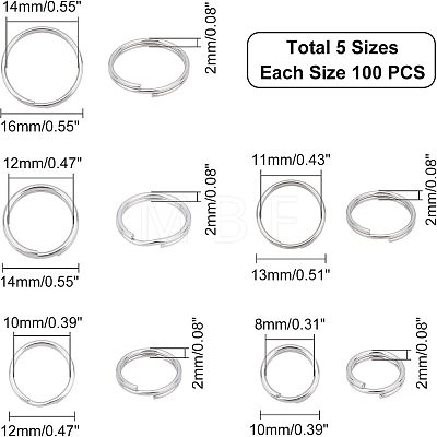 Unicraftale 500pcs 5 Style 304 Stainless Steel Split Rings STAS-UN0026-11-1