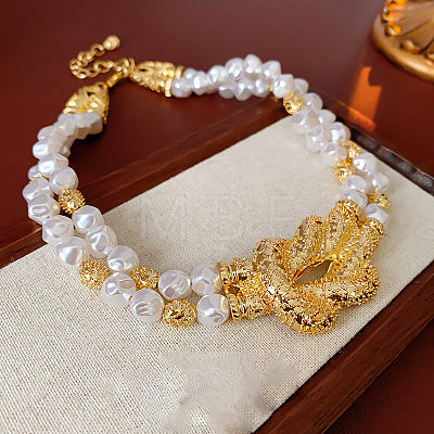 Brass Knot Plastic Imitation Keshi Pearl Nuggets Beaded 2-Strand Choker Necklaces for Women FS-WG8CEF6-01-1