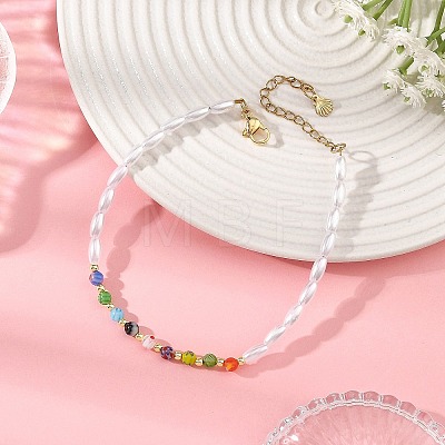 Round Handmade Millefiori Glass and Rice Imitation Pearl Acrylic Beaded Anklets for Women AJEW-AN00859-1