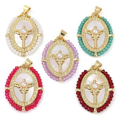 Rack Plating Brass Pave Shell Blessed Virgin Mary Oval Pendants KK-U032-04G-1