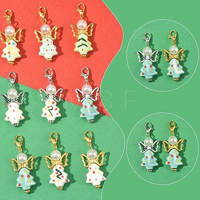 7Pcs 7 Colors Christmas Tree Handmade Porcelain & ABS Plastic Imitation Pearl Angel Pendant Decorations HJEW-FS00082-1