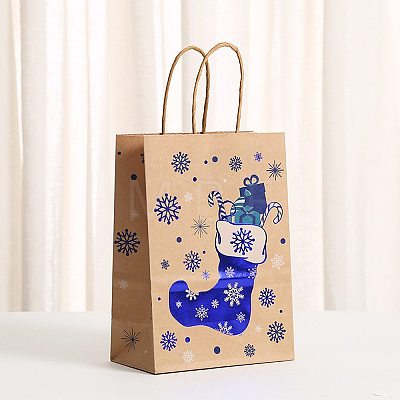 Christmas Theme Blue Printed Kraft Paper Tote Bags with Handles ABAG-B006-05F-1