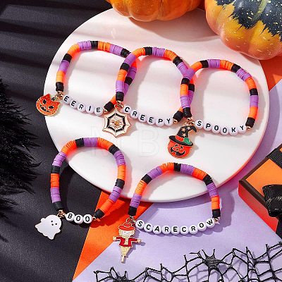 Pumpkin & Spider Web Alloy Enamel Charm Bracelets BJEW-JB10886-1