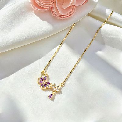 Brass Pave Cubic Zirconia Flower Butterfly Pendant 304 Stainless Steel Cable Chain Necklaces for Women WG4A53F-01-1