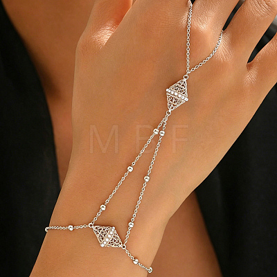 Brass and Imitation Pearl Rhombus Hand Chain Ring Bracelets for Wedding and Formal Occasions PL2023-3-1