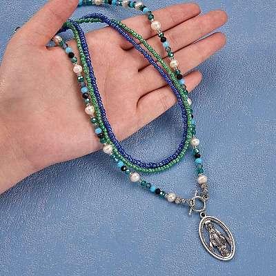 Oval with Virgin Mary Pendant Necklaces NJEW-SW00006-01-1