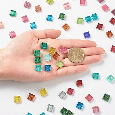 Square with Glitter Powder Mosaic Tiles Glass Cabochons DIY-P045-04-1
