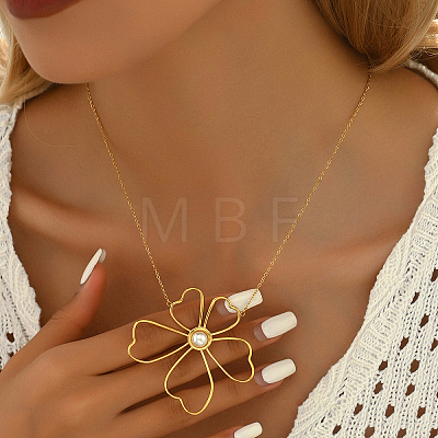 Elegant Stainless Steel & Imitation Pearl Hollow Flower Pendant Necklaces for Women TN2016-1-1