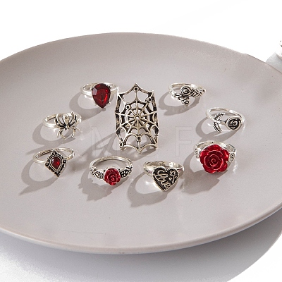 9Pcs 9 Styles Alloy Spider Web & Rose & Heart Finger Rings Sets for Women PW-WG0828C-01-1