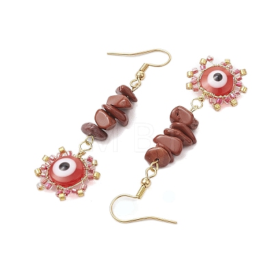 Evil Eye Natural Red Jasper Chip & Seed Beads Dangle Earrings EJEW-MZ00166-03-1