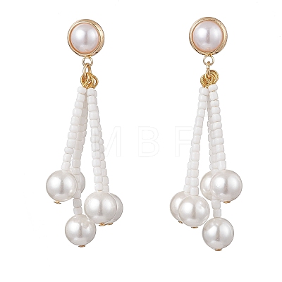 Round Shell Pearl & Glass Seed Beads Dangle Stud Earrings EJEW-TA00768-1