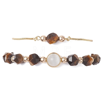 2Pcs 2 Styles Natural Tiger Eye Beaded Bracelets BJEW-JB13009-01-1