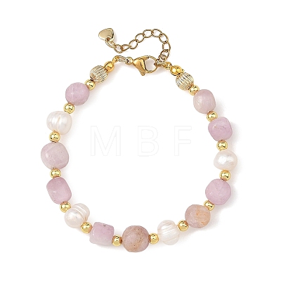 Natural Kunzite Nuggets and Potato Natural Cultured Freshwater Pearl Beaded Bracelets BJEW-JB14388-1