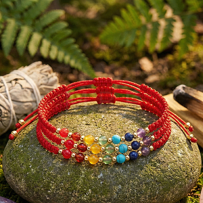 3Pcs Adjustable Chakra Natural & Synthetic Mixed Stone Round Bead Braided Bracelet Sets ZZ4943-1-1