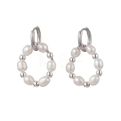 Natural Freshwater Pearl & Synthetic Hematite Bead & 202 Stainless Steel Hoop Earrings EJEW-JE07228-1