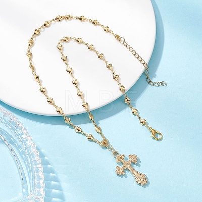 Alloy Cross Pendant Brass Heart Link Chain Necklaces for Women NJEW-JN05617-1