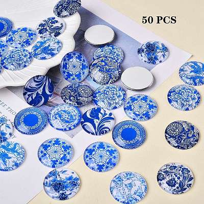 50Pcs Blue and White Printed Glass Cabochons GGLA-SZ0001-23-1