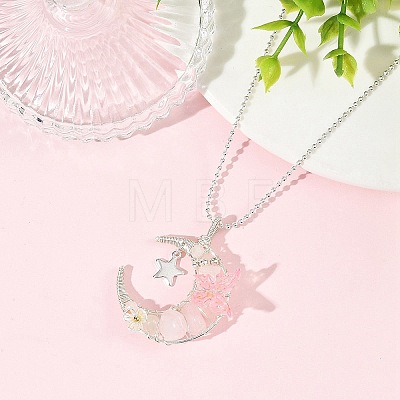 Natural Rose Quartz Wire Wrapped Moon with Acrylic Butterfly Pendant 304 Stainless Steel Ball Chain Necklaces NJEW-TA00266-04-1