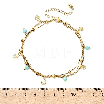 Round Natural Magnesite & Shell Shaped 304 Stainless Steel Charm 2-Strand Anklets for Women AJEW-AN00816-01-1