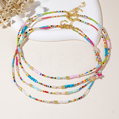 4Pcs 4 Styles Ethnic Style Rainbow Color Square Natural Shell & Glass & Glass Seed Beaded Necklaces for Women BO1499-1-1