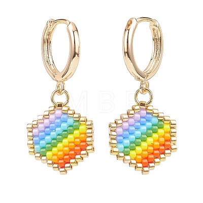 Rainbow Color Japanese Seed Braided Hexagon Dangle Hoop Earrings EJEW-MZ00005-1