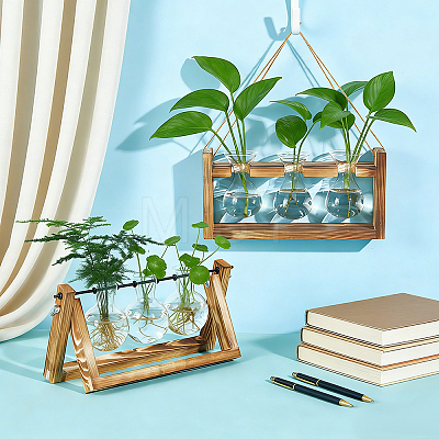 2 Bags Rustic Triple Glass Hydroponic Vase with Wooden Stand AJEW-TW0001-38-1