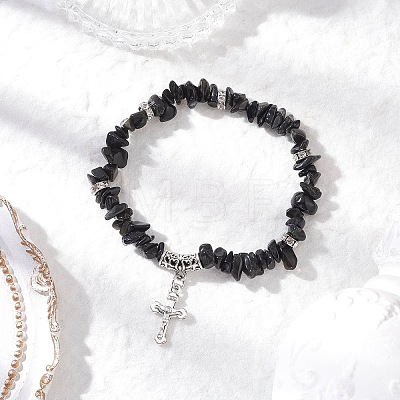 Natural Obsidian Chip Beaded Stretch Bracelets BJEW-JB12316-02-1