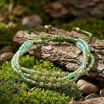Adjustable Glass Seed Bead & Glass & Brass Beads Multi-Strand Bracelets for Women HR1151-1-1