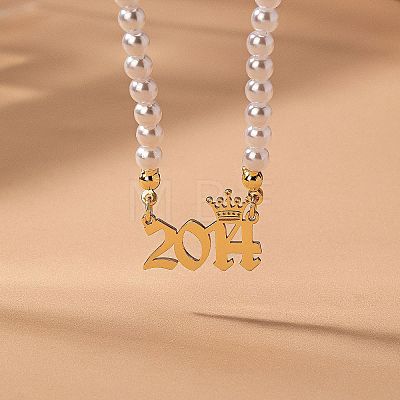 Alloy Crown Birth Year Pendant Imitation Pearl Round White Beaded Necklaces for Women FS-WG173C9-11-1