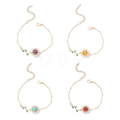 4Pcs 4 Styles Brass Micro Pave Cubic Zirconia & Shell Pearl Beads & Natural & Synthetic Mixed Gemstone Beaded Link Bracelets BJEW-TA00712-1