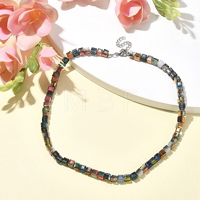 Glass Cube Beaded Necklace with 304 Stainless Steel Clasps NJEW-JN04400-1